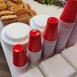 red cups and paper plates on a table of food